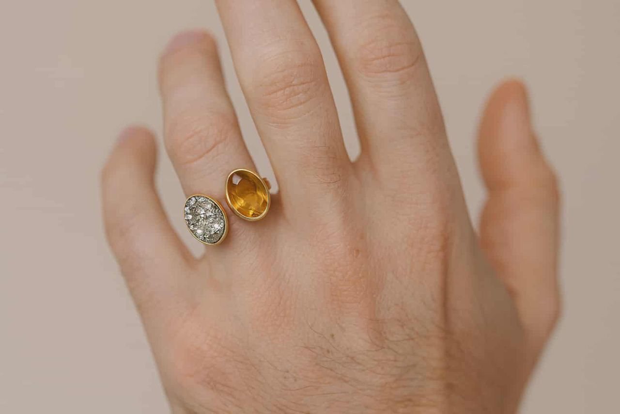 ✨ Bague Double Énergie – Pyrite & Citrine Naturelles ✨