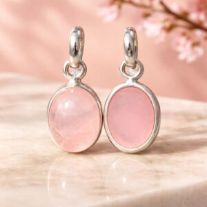 *Pendentif en Argent avec Pierre de Quartz Rose Naturelle de Jaipur – 25 mm, Forme Ovale*