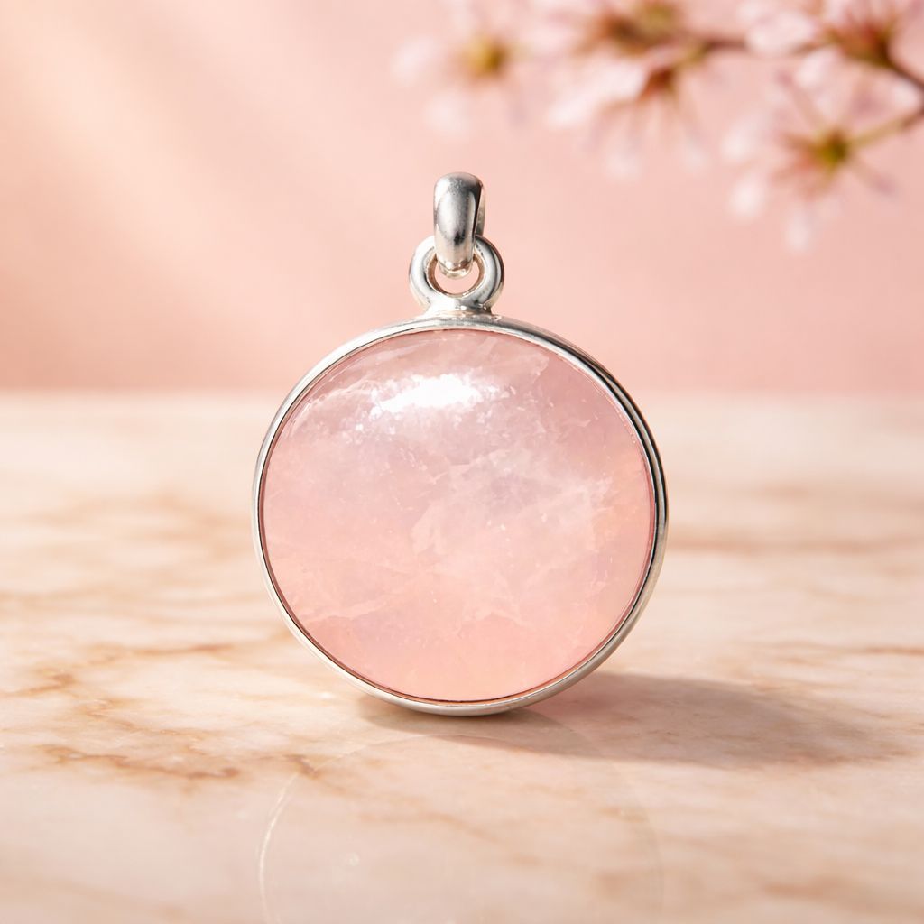 *Pendentif en Argent avec Pierre de Quartz Rose Naturelle de Jaipur – 30 mm, Forme Ronde*