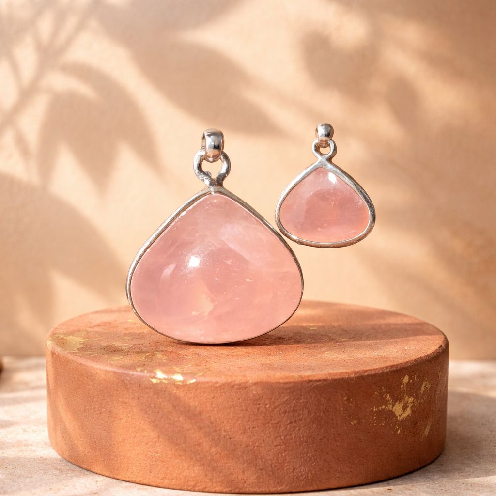 *Pendentif en Argent avec Pierre de Quartz Rose Naturelle de Jaipur – 30 mm,  Forme de Goutte*